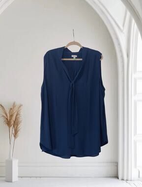 3X Susina Blue Blouse Shirt Top Tie V-Beck Plus Size 3X
